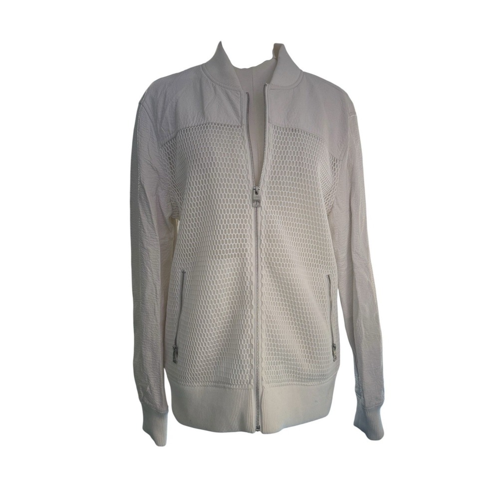 GUESS White Faux Leather Mesh Panel Zip Jacket Womens M Moto Bomber Lightweight